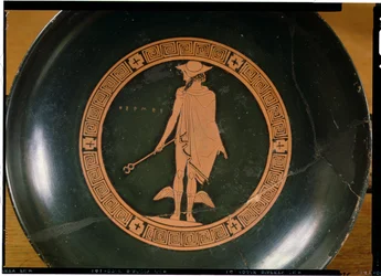 Griekse roodfigurige beker, met afbeelding van de god Hermes