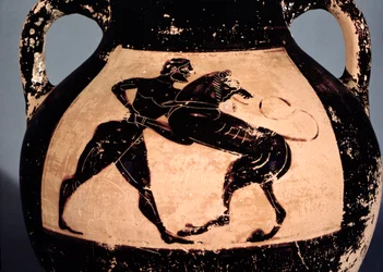 Herakles worstelt met de Nemeïsche leeuw, detail van een Attische zwartfigurige amfora