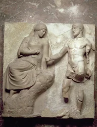 Hercules en Minerva, een uit een reeks metopen met de werken van Hercules uit de tempel van Zeus in Olympia, vroegklassieke periode, ca. 470-457 v.Chr.