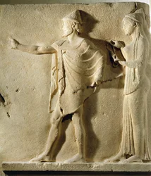 Hermes agoraios en een liefdadigheid, reliëf uit de Passage van de Theores, van Thasos, ca. 470 v.Chr.