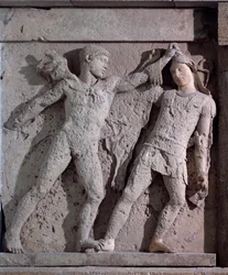 Magna Graecia: metope met Herakles en de Amazone, stenen reliëf, 5e eeuw v.Chr.