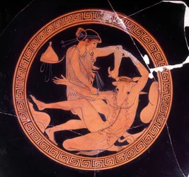 Minotaurus gedood door Theseus - Griekse vaas bewaard in het Museo Archeologico de Firenze. Binnenkant van de pentische beker met rode figuren, schilder van Dokimasia. 480 v.Chr. (Minotaurus)