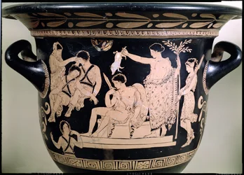 Orestes als Smekeling bij het Heiligdom van Apollo in Delphi, detail van een Attische roodfigurige krater, toegeschreven aan de Apulische Eumenides Schilder