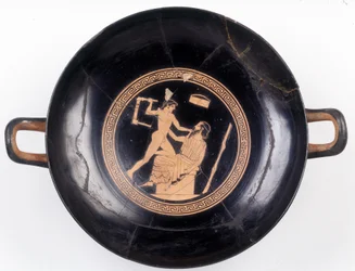 Schilderij op beker: Weergave van Herakles die een stoel zwaait om zijn muziekmeester knock-out te slaan, 470 v.Chr. BNF, Medaille Kantoor
