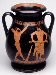 Schildering op vaas: Herakles (Hercules) bereidt zich voor om zich met de leeuwenhuid te bedekken, een atleet links van hem warmt zich op. 490 v.Chr. BNF, Penningkabinet.