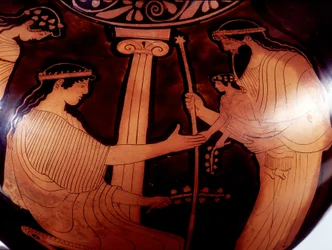 Schilderij op vaas: Jupiter (Zeus) presenteert de jonge Dionysus (Bacco) aan twee vrouwen. 480 v.Chr. BNF, Medaillekabinet