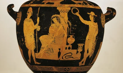 Roodfigurige krater die Orestes, Elektra en Pylades bij het graf van Agamemnon uitbeeldt