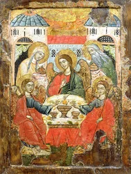 Abraham en de drie engelen, icoon, uit Macedonië, ca. 1700
