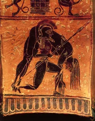 Zwartfigurige keramiek, Françoisvaas, Attische volutenkrater gesigneerd door de pottenbakker Ergotimos en de schilder Kleitias, detail: Ajax Telamon draagt het dode lichaam van Achilles, 570-560 v.Chr.