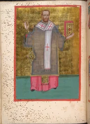 Egerton 2392, f.5v, miniatuur van de staande Johannes Chrysostomus met een boek, uit het Leitourgikon, met wijdingsdiensten en gebeden