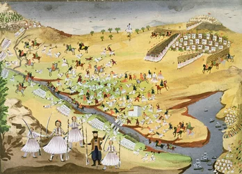 Eerste slag tussen Grieken en Turken, bij de Alamana-brug in 1821, uit de Pictorial History of the Greek War of Independence