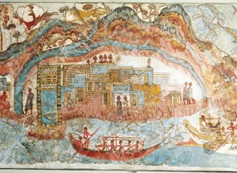 Fresco die een scheepsprocessie uit Akrotiri, Thera-eiland, Santorini, Griekenland, detail, een kuststad toont