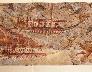 Fresco met een scheepsprocessie, uit Akrotiri, eiland Thera, Santorini, Griekenland, detail, schepen