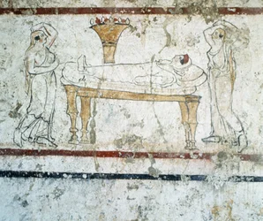 Gaudo Necropolis, Lucaniaanse fresco grafschildering die de overledene op haar sterfbed toont, 340 v.Chr.