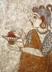 Griekse beschaving, fresco met priesteres die wierook brandt, uit Akrotiri, Thera-eiland, Santorini, Griekenland