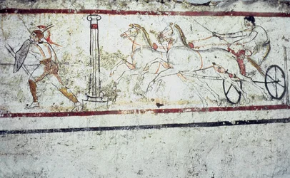 Lucaniaanse fresco grafschildering die een gladiator en een man op een strijdwagen afbeeldt, Paestum 350-330 v.Chr.