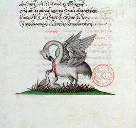 Een pelikaan die zijn borst doorboort om zijn jongen te voeden, uit een Bestiarium door Manuel Philes, 1566