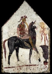 Beschilderde plaat, de zogenaamde zwarte ruiter, uit Paestum, Andriuolo, graf 58