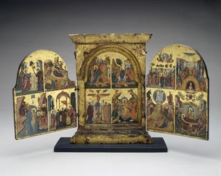 Opwekking van Lazarus; Intocht in Jeruzalem; Kruisiging; Nederdaling van Christus in de hel (middenpaneel)