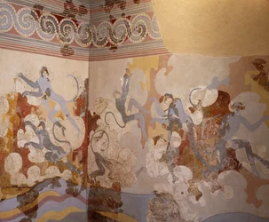 De blauwe apen, fresco uit complex B, kamer 6 van Akrotiri, Thera (het huidige Santorini), Griekenland. Minoïsche beschaving