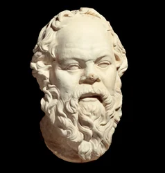 Marmeren buste van de Griekse filosoof Socrates (470-399 v.Chr.), naar het origineel van Lysippos (rond 330 v.Chr.), dat het Pompeion van Athene siert. H. 0,33 m. Parijs, Louvre Museum
