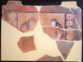 Dochter van Pandion, koning van Athene, ca. 630 v.Chr. geschilderde terracotta metope van de Tempel van Apollo in Thermos, Griekenland, Griekse beschaving, 7e eeuw v.Chr.