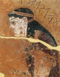 Geschilderde terracotta metope die Philomela uitbeeldt, dochter van de Atheense koning Pandion, van de Tempel van Apollo, Thermos, Griekenland