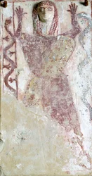 Polychroom schilderij op pinax en reliëf met vrouwelijke godheid met slang uit Agora van Athene, Griekse beschaving, 7e eeuw v.Chr.