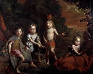 De vier delen van de wereld: Rechts een kind in de armen van een slavenverpleegster die Afrika symboliseert, in het midden presenteert Amerika (Indiaans kind) zijn rijkdommen aan Europa (met de mand), Azië is in de gedaante van een kind gekleed in zijde. S