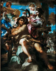 Hercules verwelkomd in Olympus. Weergave van de Apotheose van Hercules (Herakles) verwelkomd onder de goden op Olympus, het is een lauwerkrans