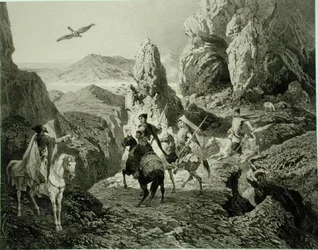 Een Valkenjacht nabij Jerevan, Armenië, plaat 20 uit een boek over de Kaukasus, gegraveerd door Eugene Ciceri (1813-90) en Adolphe Jean-Baptiste Bayot (1810-66), gepubliceerd door Alfred Leon Lemercier, Parijs