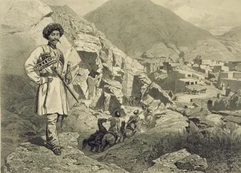Aankomst in Tsatanykh, Dagestan, plaat 12 uit een boek over de Kaukasus, gegraveerd door Jules Didier, gepubliceerd door Alfred Leon Lemercier, Parijs, 1847