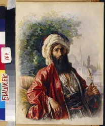 Emir. Portret van een religieus moslimleider, nargileh rokend, voor een moskee, tijdens de guerrilla en het verzet tegen het Russische rijk in de noordelijke Kaukasus midden 19e eeuw. Werk van Grigori Grigorievich Gagarin (1810