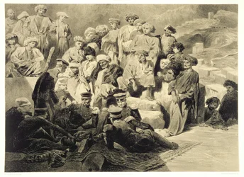 Militaire Maaltijd in de Ruïnes van Sioukh, Dagestan, plaat 69 uit een boek over de Kaukasus, gegraveerd door Celestin Francois Nanteuil, gepubliceerd door Alfred Leon Lemercier, Parijs, 1847