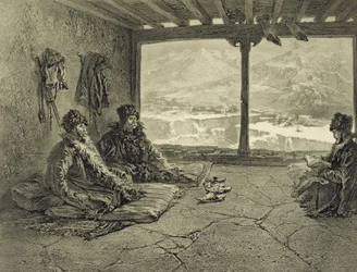 Sharia Lezing in Khosrakh, Dagestan, plaat 50 uit een boek over de Kaukasus, gegraveerd door Adolphe Mouilleron (1820-81) gepubliceerd door Alfred Leon Lemercier, Parijs, 1847