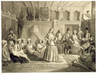 De rustkamer bij de baden in Shemakha, op de Shirvanskaya Steppe, plaat 40 uit een boek over de Kaukasus, gegraveerd door Charles Claude Bachelier en Adolphe Bayot (1810-66) uitgegeven door Alfred Leon Lemerci