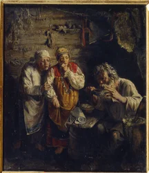 De genezeres. In een arme, landelijke hut observeren twee vrouwen met blote voeten en gekleed in folkloristische jurken bezorgd een oude man die een kruidenmiddel drinkt.