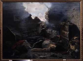 Het beleg van Sebastopol (Oekraïne). Beschrijving van de gruweldaden van de Krimoorlog (1853-1856), tijdens het beleg van Sebastopol in 1854. De lichamen van een vrouw en haar baby liggen op de vloer van hun huis waarvan de muur is weggerukt