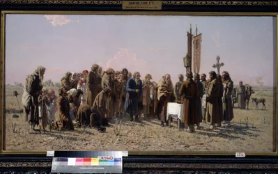 Russische boeren en een orthodoxe priester die bidden tijdens droogte