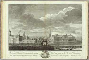 Nevsky Prospekt met het Stroganov Paleis Boek ter gelegenheid van het 50-jarig jubileum van de oprichting van Sint-Petersburg, 1753