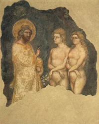 Adam en Eva voor de Eeuwige, door Guariento, fresco, Carrarese Kapel, Galileïsche Academie van Kunsten en Wetenschappen, voorheen Patavina, Padua, Italië, circa 1350