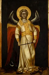 Engel met demon aan ketting, tempera op paneel, circa 1354
