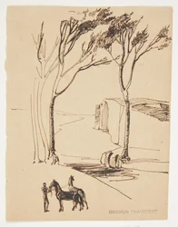 Ideaal landschap. Op de voorgrond man met twee paarden