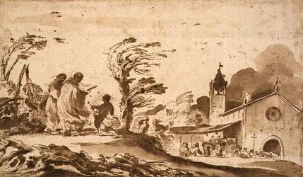 Landschap met een begrafenisstoet