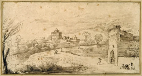 Landschap met een gekanteelde poort en een kronkelende weg