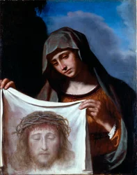 Sint Veronica. De Heilige Sluier toont het gezicht van Christus wiens zweet Veronique zou hebben afgeveegd tijdens de klim naar Calvarie. Schilderij door Giovanni Francesco Barbieri Guerchin genaamd Il Guercino (1591-1666)
