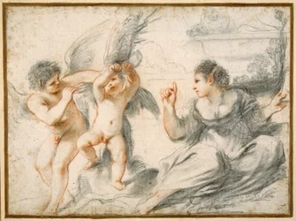 Venus berispt Cupido, terwijl een oudere Cupido hem aan een boom bindt