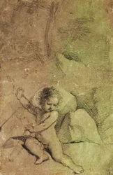Cupido die een pijl uit een koker trekt, in een landschap