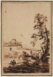 Landschap met kleine groep gebouwen, tweede helft 1700s
