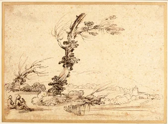 Landschap met valkeniers bij een boom